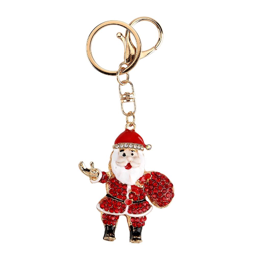 Red and White Austrian Crystal Enameled Santa Claus Keychain in Goldtone