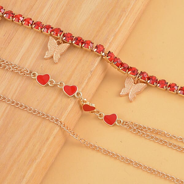 Red Austrian Crystal Enameled Set Of 3 Charms Anklet In Goldtone 10-12 Inches