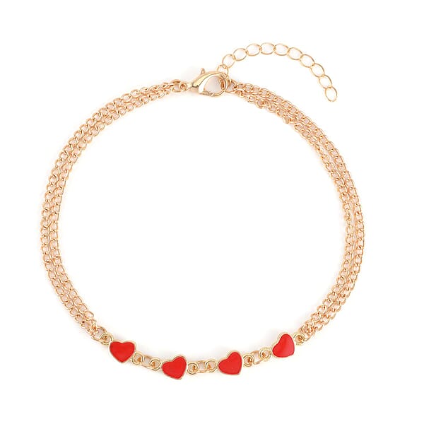 Red Austrian Crystal Enameled Set Of 3 Charms Anklet In Goldtone 10-12 Inches