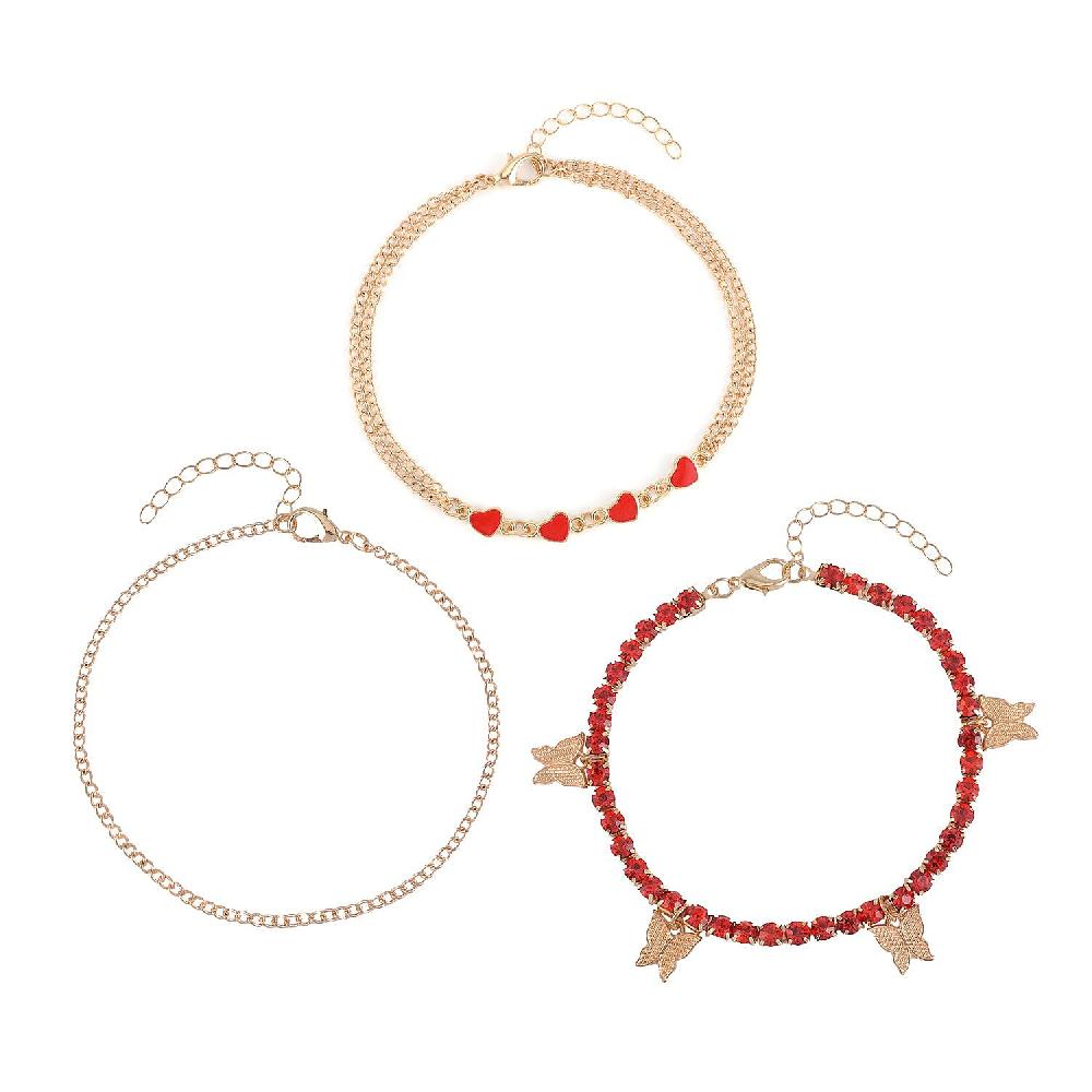 Red Austrian Crystal Enameled Set of 3 Charms Anklet in Goldtone 10-12 Inches