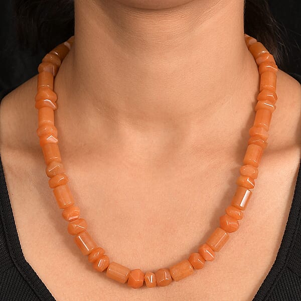 Red Aventurine 500.00 Ctw Tumble And Beaded Necklace In Platinum Bond 20 Inches