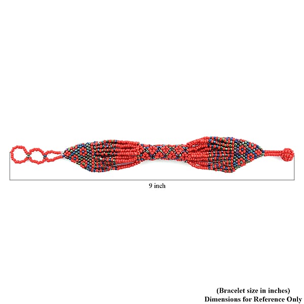 Red Color Ceramic Seed Beaded Patterned Multi-Purpose Wrist Keychain Bracelet