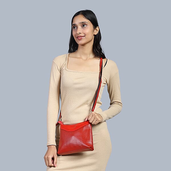 Red Croco Embossed Genuine Leather Tote Bag With Free Crossbody Bag
