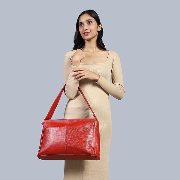Red Croco Embossed Genuine Leather Tote Bag With Free Crossbody Bag
