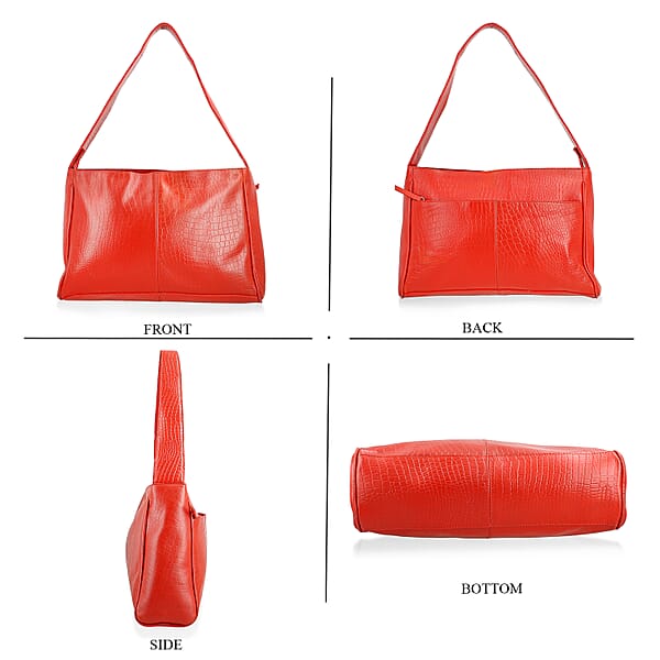 Red Croco Embossed Genuine Leather Tote Bag With Free Crossbody Bag