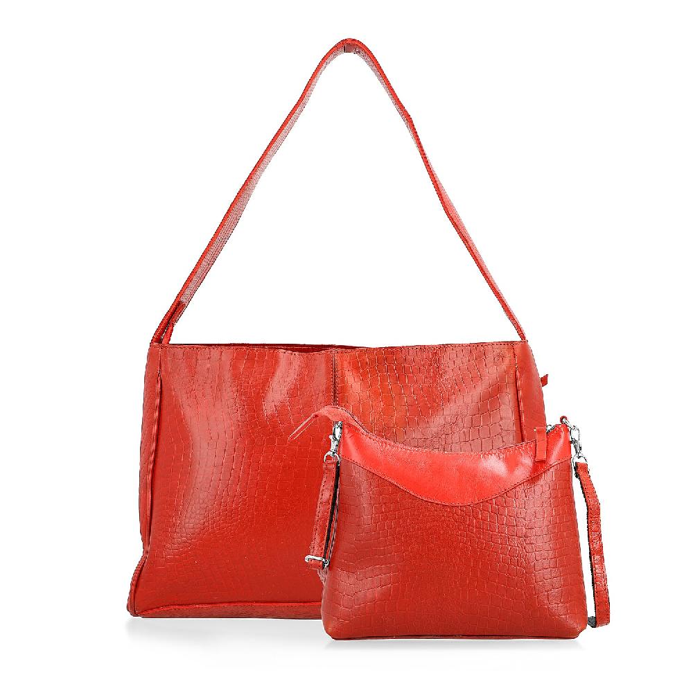 Red Croco Embossed Genuine Leather Tote Bag with Free Crossbody Bag