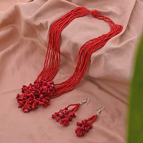 Red Glass Bead & Gemstone Chips Necklace And Earrings In Stainless Steel