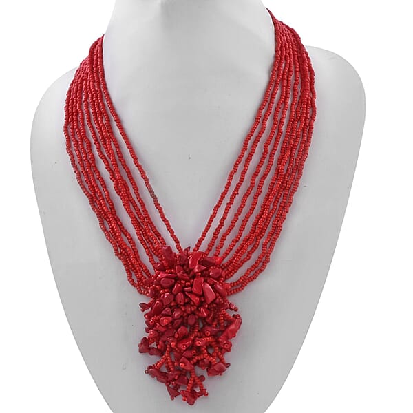 Red Glass Bead & Gemstone Chips Necklace And Earrings In Stainless Steel