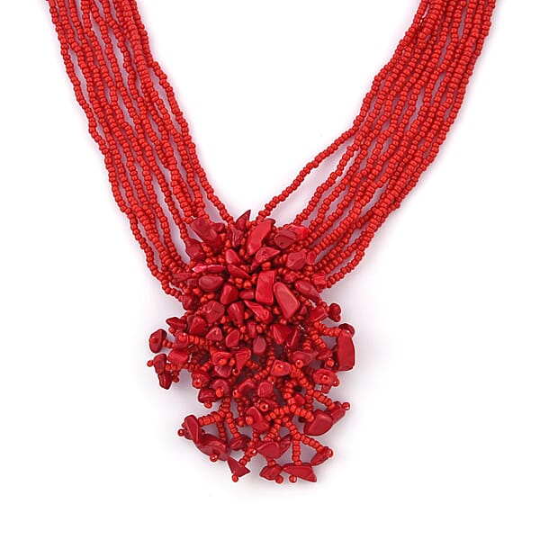 Red Glass Bead & Gemstone Chips Necklace And Earrings In Stainless Steel