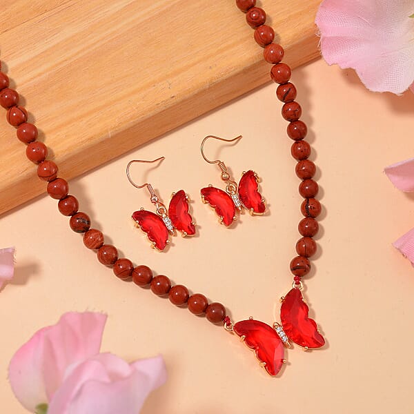 Red Glass Simulated Diamond And Red Jasper 105.15 Ctw Beaded Butterfly Necklace 17-22 Inches And Earrings In Goldtone
