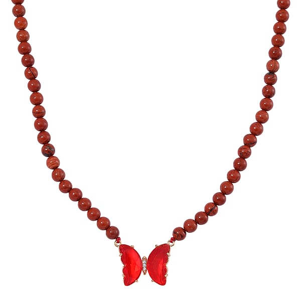 Red Glass Simulated Diamond And Red Jasper 105.15 Ctw Beaded Butterfly Necklace 17-22 Inches And Earrings In Goldtone