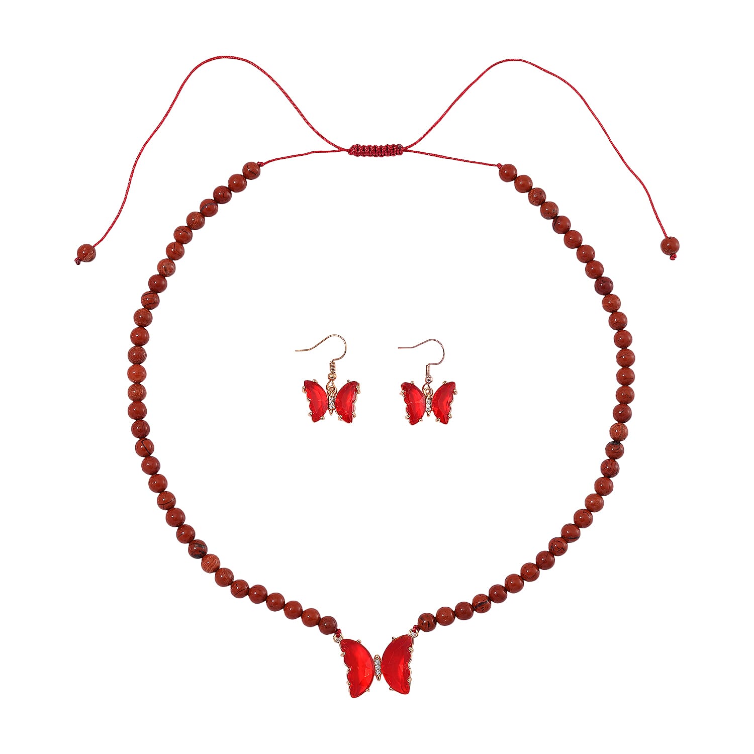 Red Glass Simulated Diamond and Red Jasper 105.15 ctw Beaded Butterfly Necklace 17-22 Inches and Earrings in Goldtone