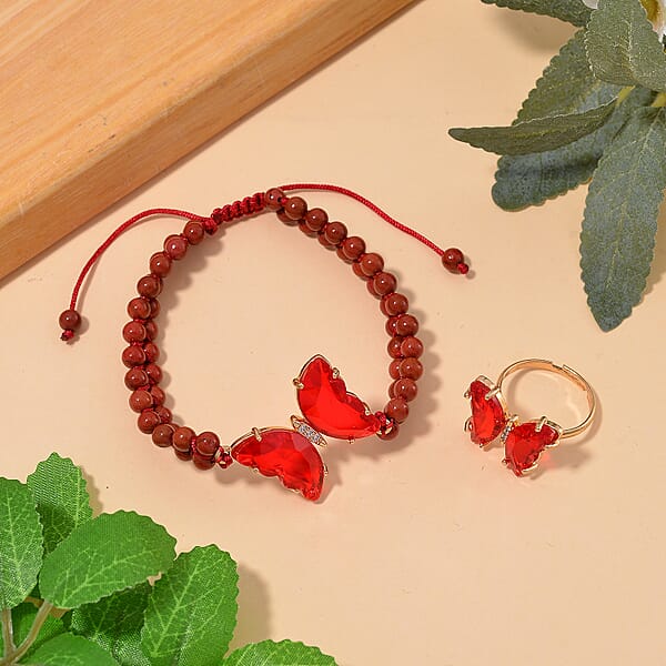 Red Glass Simulated Diamond And Red Jasper 49.05 Ctw Beaded Butterfly Adjustable Bracelet And Ring (Size 6-9) In Goldtone