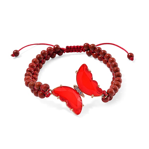 Red Glass Simulated Diamond And Red Jasper 49.05 Ctw Beaded Butterfly Adjustable Bracelet And Ring (Size 6-9) In Goldtone