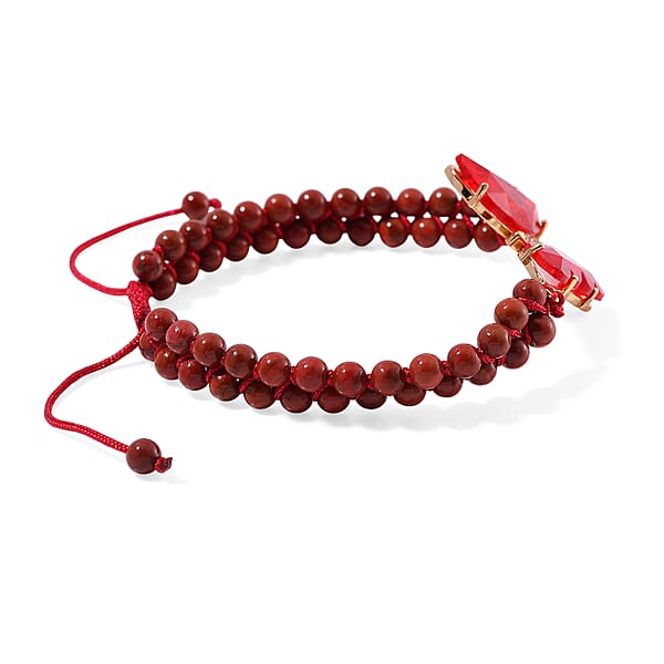Red Glass Simulated Diamond And Red Jasper 49.05 Ctw Beaded Butterfly Adjustable Bracelet And Ring (Size 6-9) In Goldtone