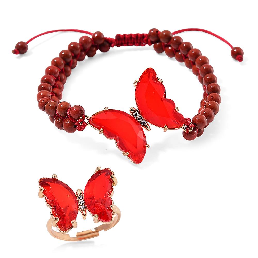 Red Glass Simulated Diamond and Red Jasper 49.05 ctw Beaded Butterfly Adjustable Bracelet and Ring (Size 6-9) in Goldtone