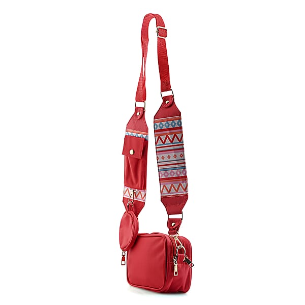 Red Intricate Tribal Pattern Pochette Belt Handbag With Flap Pocket