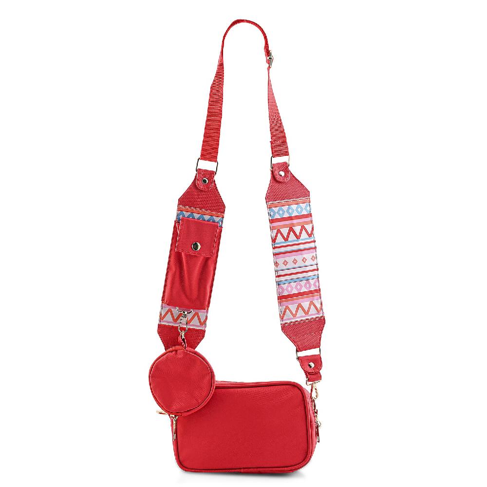 Red Intricate Tribal Pattern Pochette Belt Handbag with Flap Pocket
