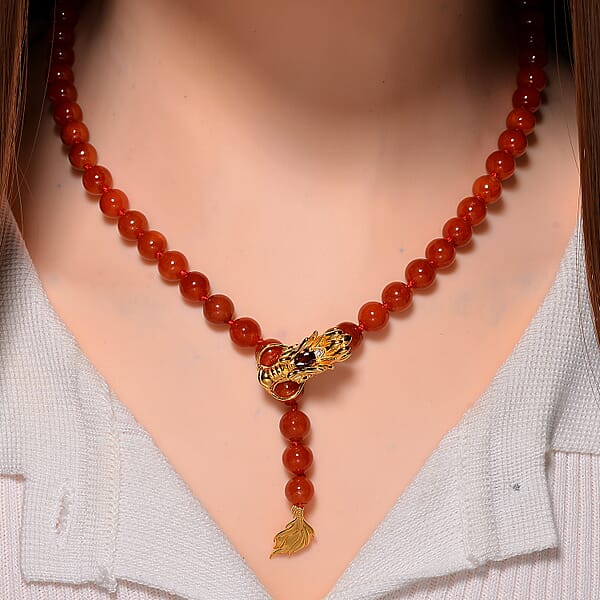 Red Jade (D) And Multi Gemstone 216.00 Ctw Dragon Necklace In 18K Vermeil Yellow Gold Over Sterling Silver 18-20 Inches