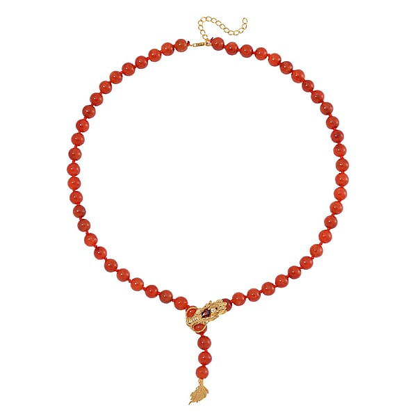 Red Jade (D) And Multi Gemstone 216.00 Ctw Dragon Necklace In 18K Vermeil Yellow Gold Over Sterling Silver 18-20 Inches