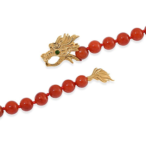 Red Jade (D) And Multi Gemstone 216.00 Ctw Dragon Necklace In 18K Vermeil Yellow Gold Over Sterling Silver 18-20 Inches