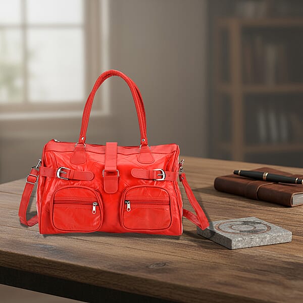 Red Patchwork Sheep Leather Crossbody Bag With Shoulder Strap