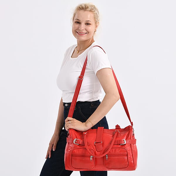 Red Patchwork Sheep Leather Crossbody Bag With Shoulder Strap