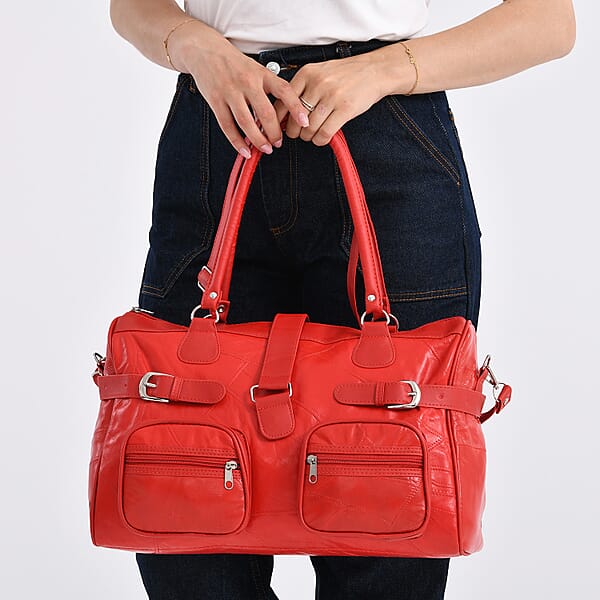 Red Patchwork Sheep Leather Crossbody Bag With Shoulder Strap
