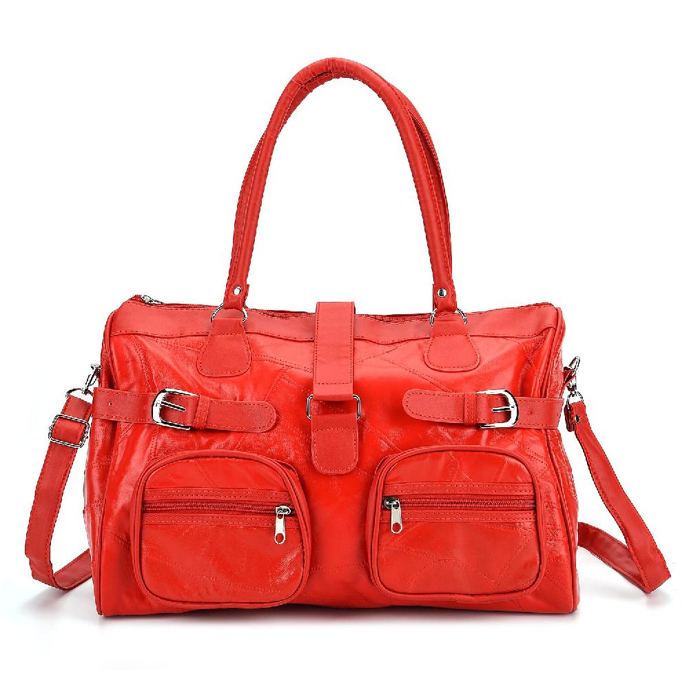 Red Patchwork Sheep Leather Crossbody Bag With Shoulder Strap