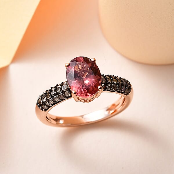 Red Rose Apatite And Natural Champagne Diamond Ring In Vermeil Rose Gold Over Sterling Silver 2.15 Ctw
