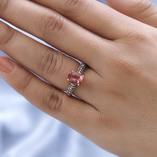 Red Rose Apatite And Natural Champagne Diamond Ring In Vermeil Rose Gold Over Sterling Silver 2.15 Ctw