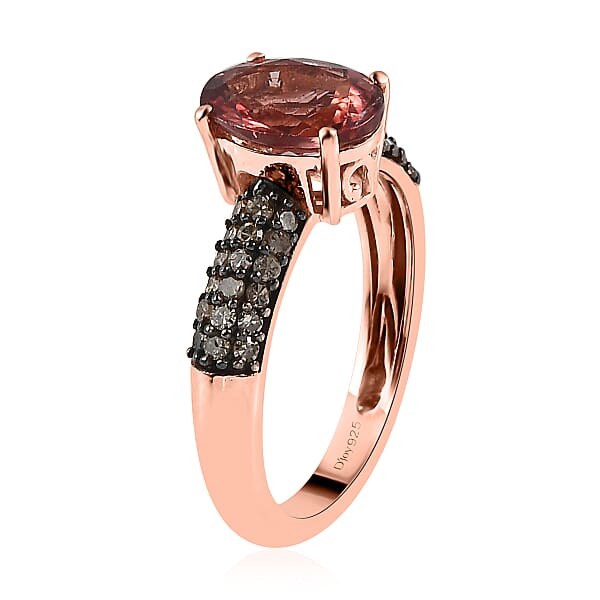 Red Rose Apatite And Natural Champagne Diamond Ring In Vermeil Rose Gold Over Sterling Silver 2.15 Ctw