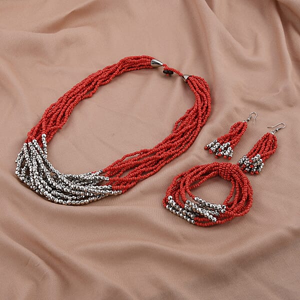 Red Seed Beaded Earrings Wrap Bracelet And Multi Strand Necklace In Stainless Steel 22 Inches