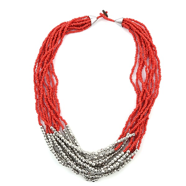 Red Seed Beaded Earrings Wrap Bracelet And Multi Strand Necklace In Stainless Steel 22 Inches