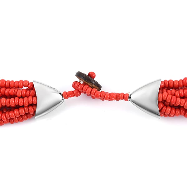 Red Seed Beaded Earrings Wrap Bracelet And Multi Strand Necklace In Stainless Steel 22 Inches