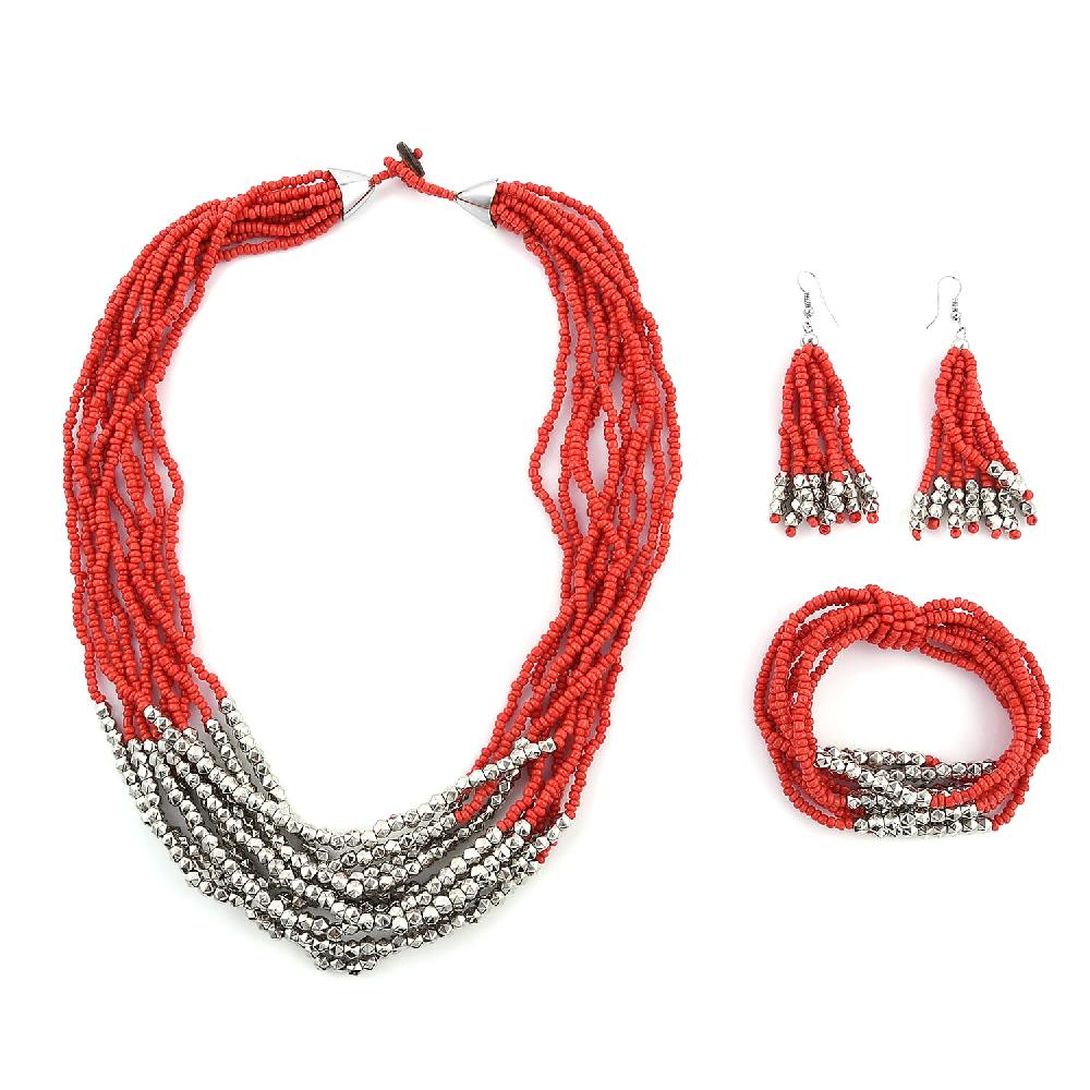 Red Seed Beaded Earrings Wrap Bracelet and Multi Strand Necklace in Stainless Steel 22 Inches