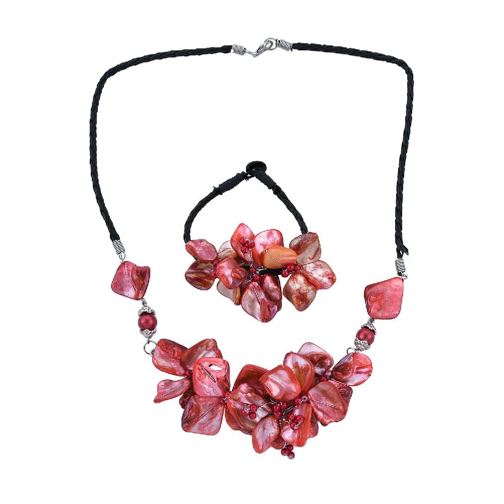 Red Seed Beaded Floral Necklace 20 Inches and Stretch Bracelet (8In) in Silvertone