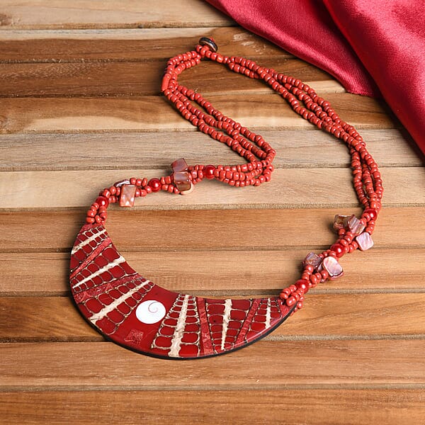 Red Seed Beaded Moon Shell Multi Strand Necklace 22 Inches