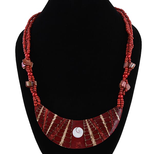 Red Seed Beaded Moon Shell Multi Strand Necklace 22 Inches