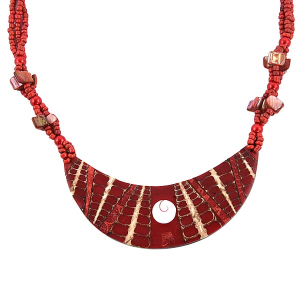 Red Seed Beaded Moon Shell Multi Strand Necklace 22 Inches