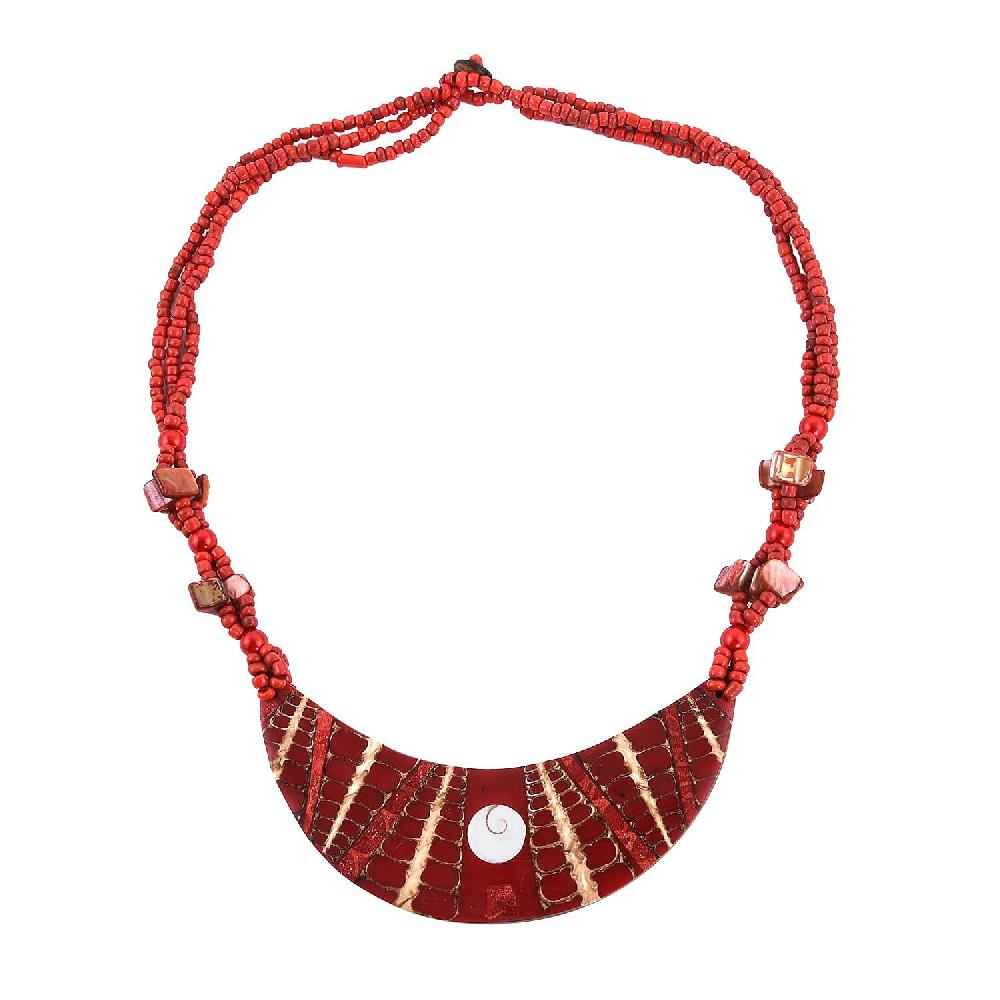 Red Seed Beaded Moon Shell Multi Strand Necklace 22 Inches