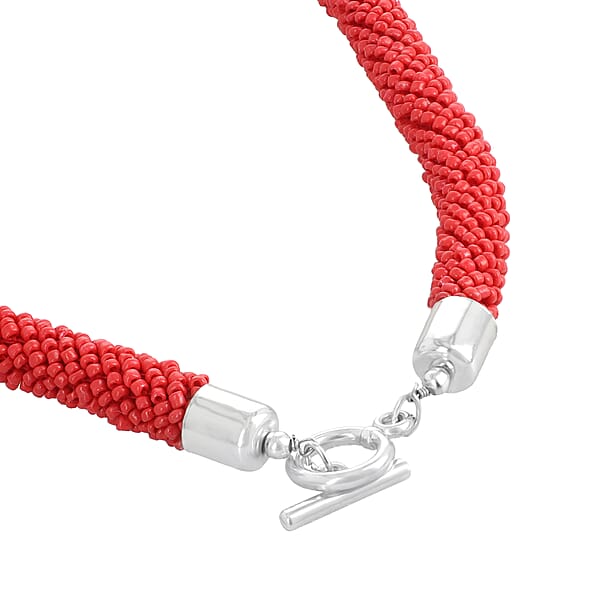 Red Seed Beaded Necklace 20 Inches In Silvertone