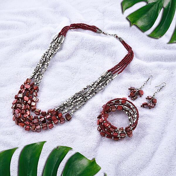 Red Shell And Seed Beaded Earrings And Wrap Bracelet And Multi Strand Necklace In Stainless Steel 22 Inches