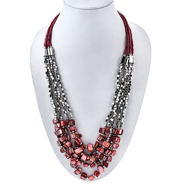 Red Shell And Seed Beaded Earrings And Wrap Bracelet And Multi Strand Necklace In Stainless Steel 22 Inches