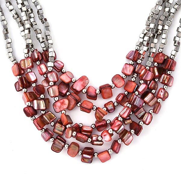 Red Shell And Seed Beaded Earrings And Wrap Bracelet And Multi Strand Necklace In Stainless Steel 22 Inches