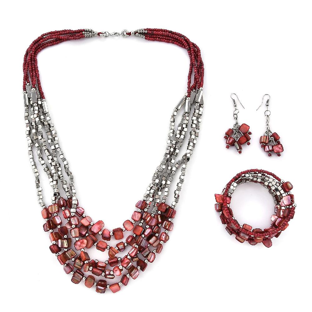 Red Shell and Seed Beaded Earrings and Wrap Bracelet and Multi Strand Necklace in Stainless Steel 22 Inches