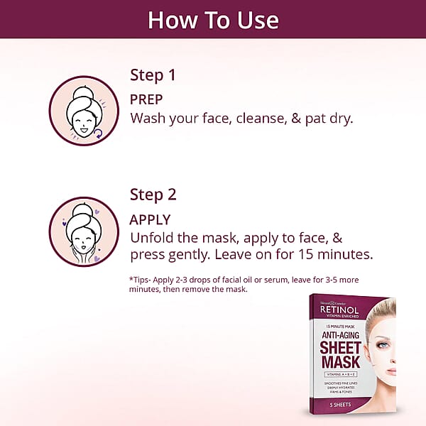 Retinol Vitamin Enriched 15 Minute Anti-Aging Sheet Mask (5 Sheet Masks) Made In US