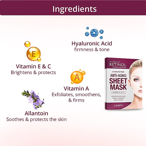 Retinol Vitamin Enriched 15 Minute Anti-Aging Sheet Mask (5 Sheet Masks) Made In US