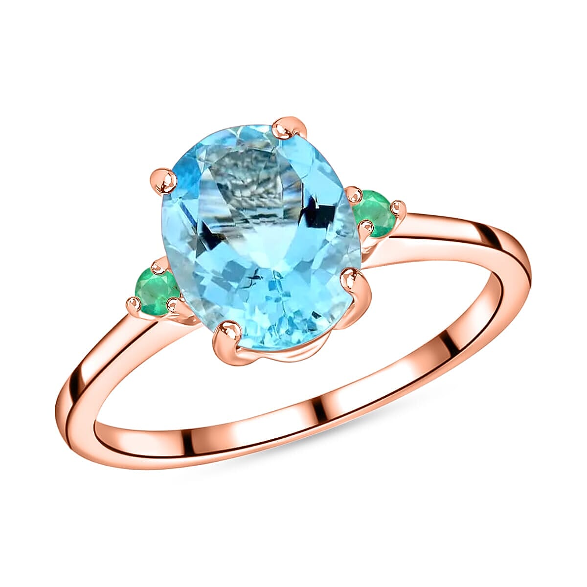 Rhapsody 18K Rose Gold AAAA Santa Maria Aquamarine and Boyaca Colombian Emerald Ring 5.50 Grams 1.90 ctw (Del. in 10-12 Days)