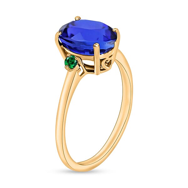 Rhapsody 18K Yellow Gold AAAA Tanzanite And Boyaca Colombian Emerald Ring 5.50 Grams 2.10 Ctw